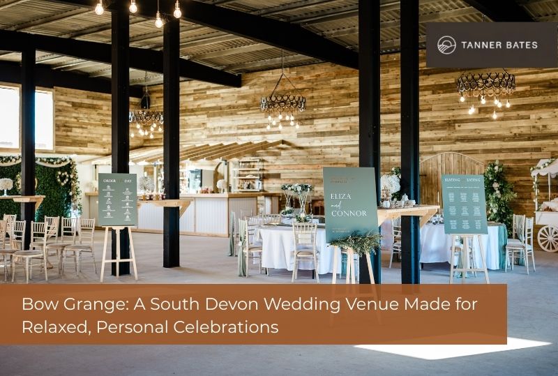 Bow Grange wedding venue barn interior set for a reception in Devon